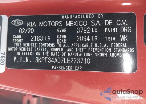 2020 Kia Forte Gt-Line из США, поврежденный, VIN 3KPF34AD7LE223710